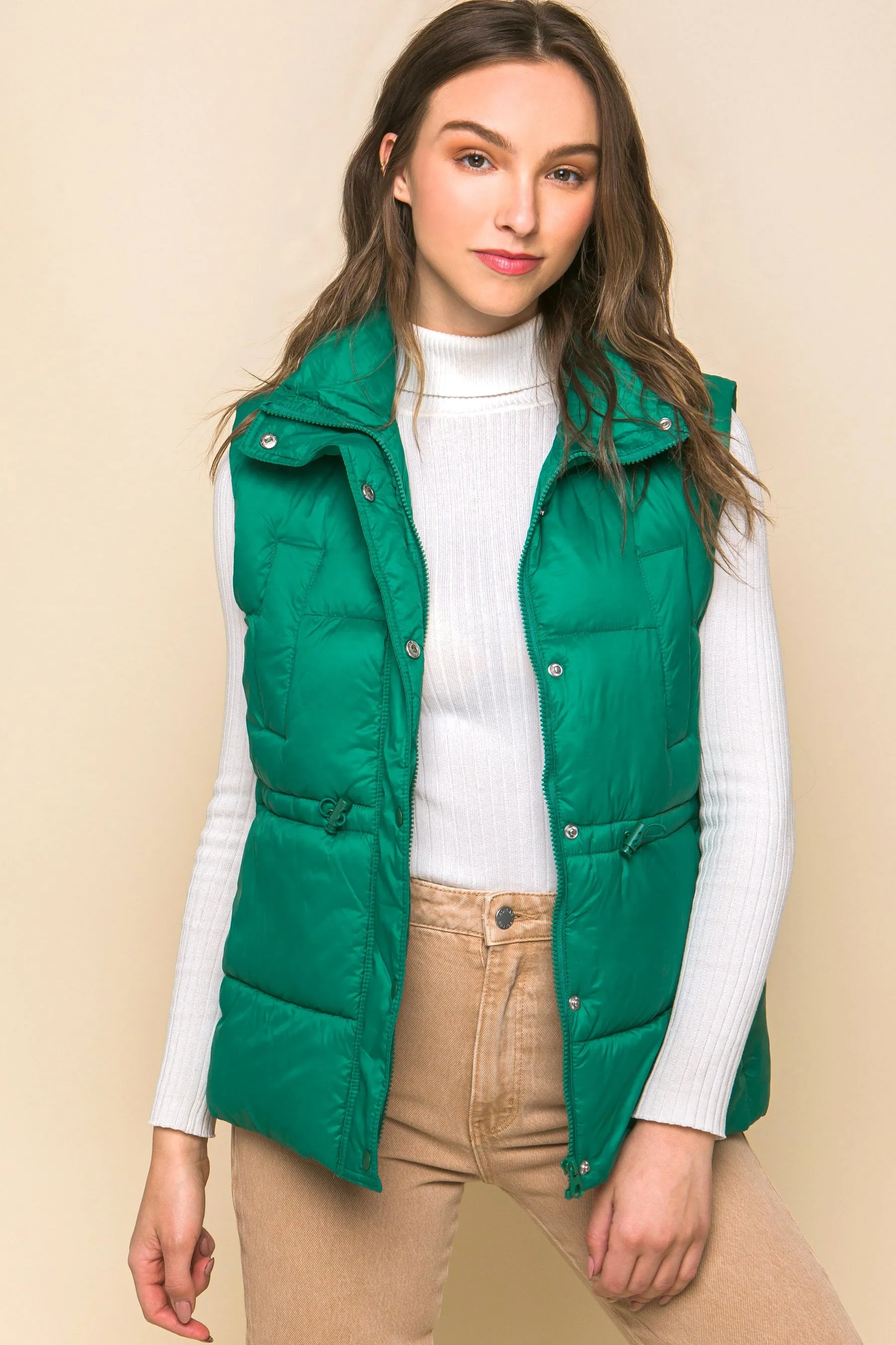 Women's Color Zip up button puffer vest with waist toggles