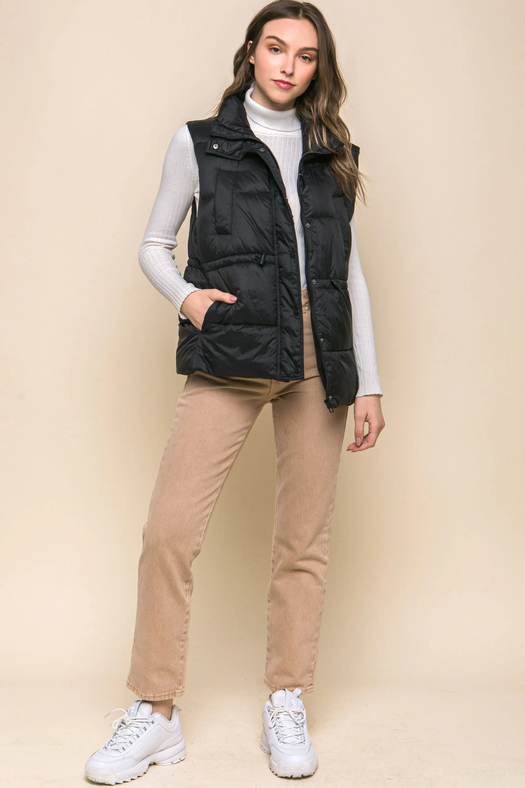 Women's Color Zip up button puffer vest with waist toggles