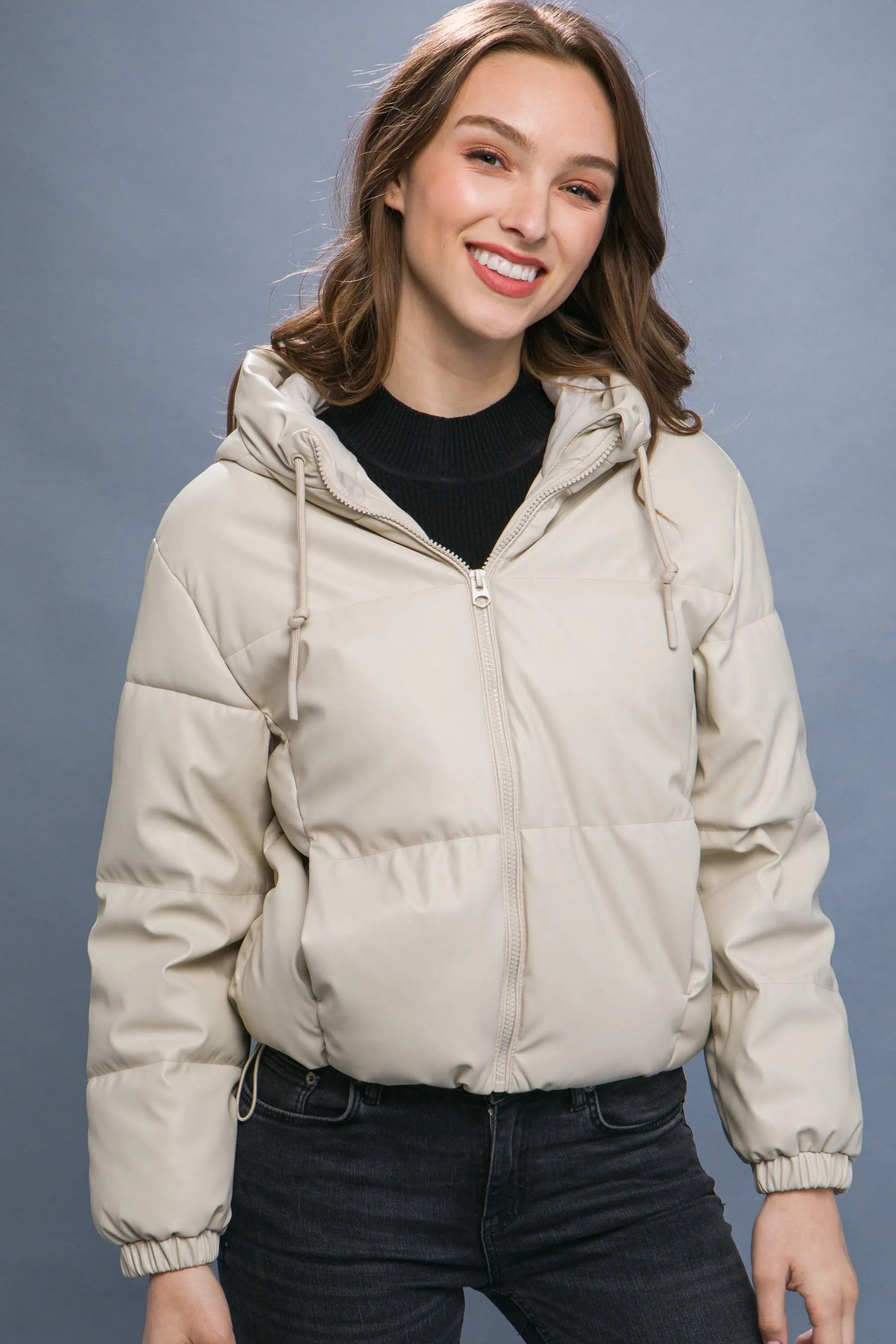 Women's faux leather zipper hooded puffer jacket