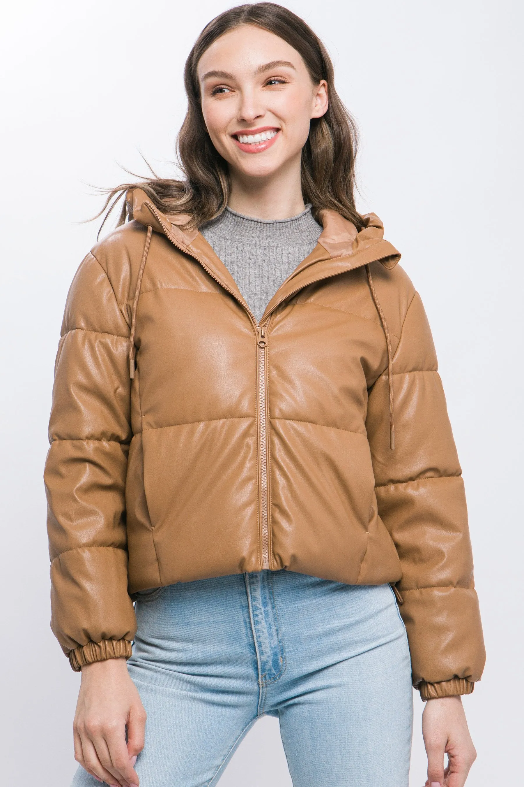 Women's faux leather zipper hooded puffer jacket