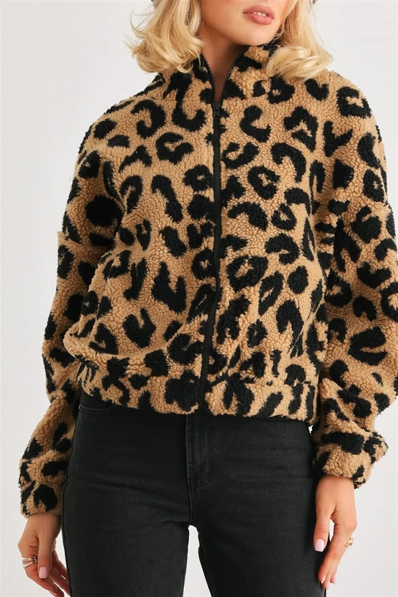 Women's Leopard teddy zip-up two pocket jacket