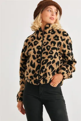 Women's Leopard teddy zip-up two pocket jacket